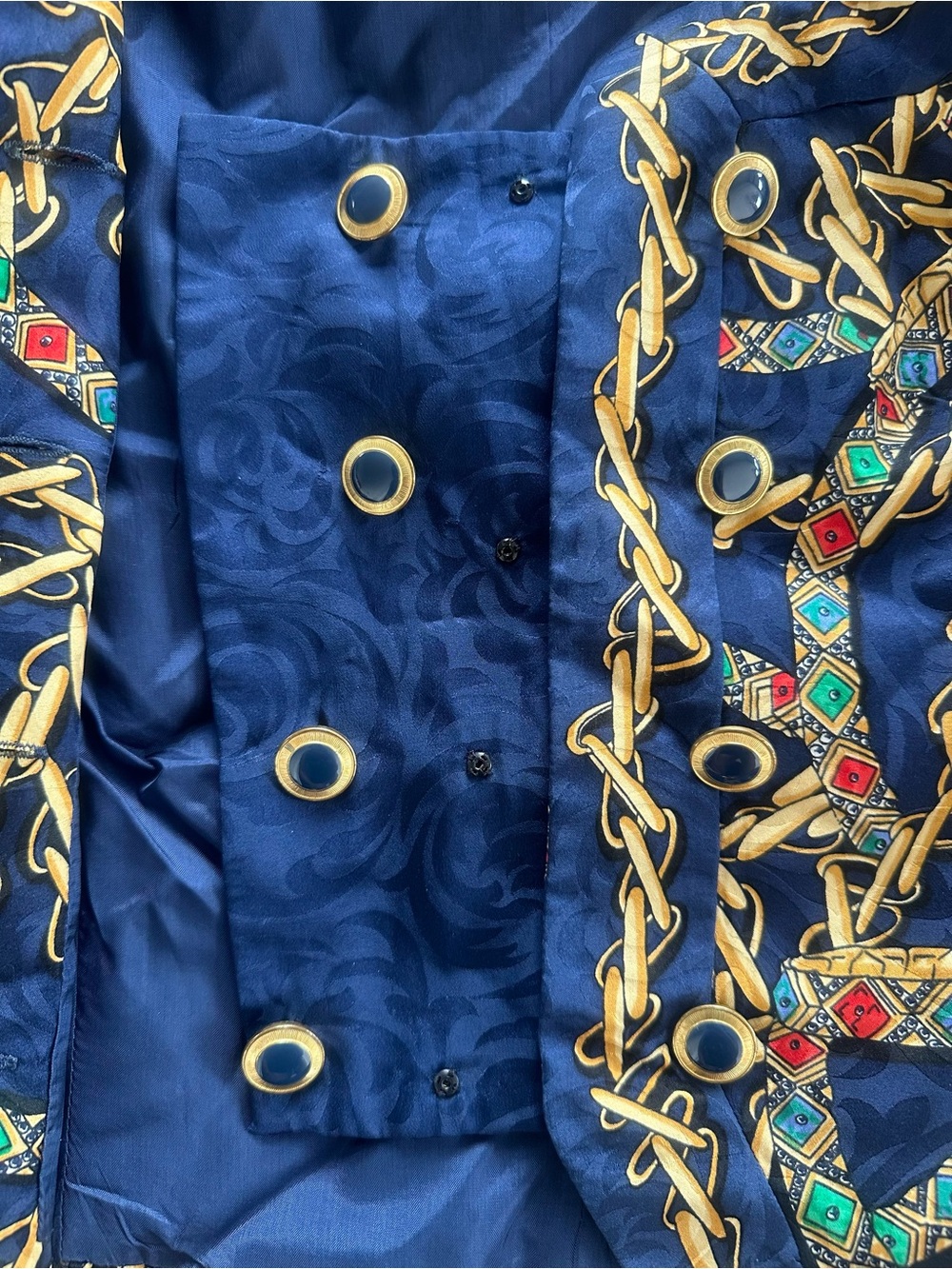 Vintage 100% Silk Adrianna Papell Navy Jacket with Gold Chain Print - Picture 3 of 4